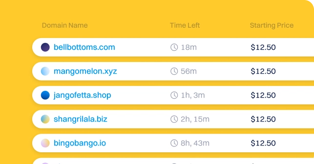domain closeout auction listings displaying their domain name, time left, and starting price