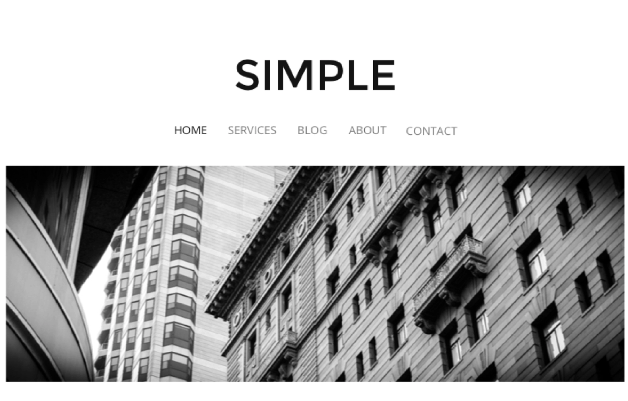 minimal website template design with a large navigation and a header image with buildings